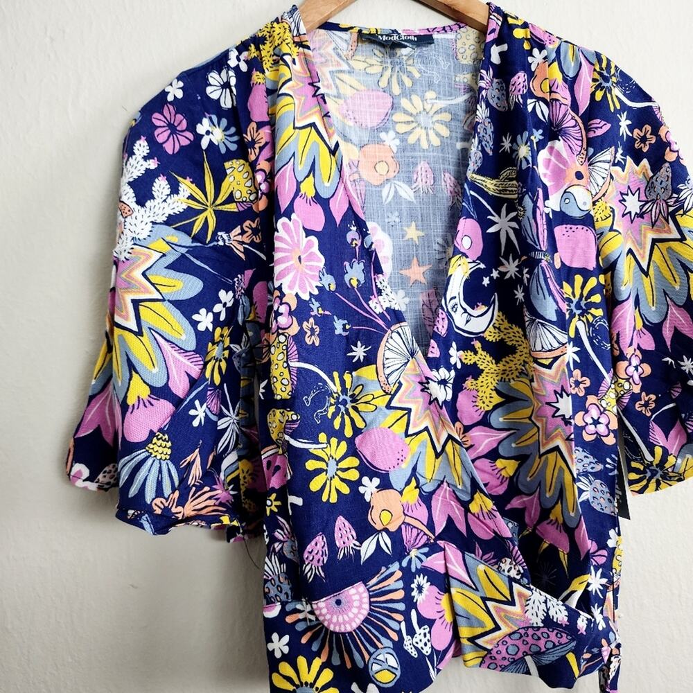 ModCloth Best Is Yet To Come Graphic Print V-Neck Wrap Top Navy Blue XS NWT - Picture 5 of 10